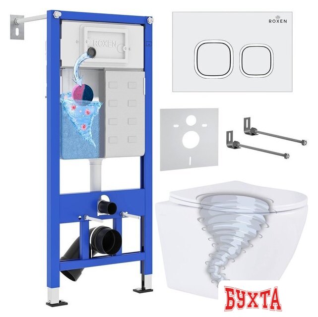 Унитаз подвесной Roxen Antares Tornado Long в комплекте с инсталляцией StounFix Dual Fresh 6 в 1 868432 (кнопка: белый глянцевая) 1