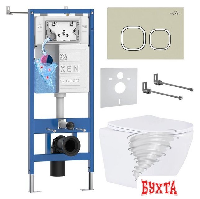 Унитаз подвесной Roxen Antares Tornado Long в комплекте с инсталляцией StounFix Dual Fresh 6 в 1 868436 (кнопка: пастель бежевый матовая) 1