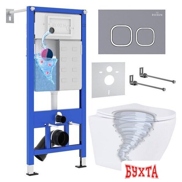 Унитаз подвесной Roxen Antares Tornado Long в комплекте с инсталляцией StounFix Dual Fresh 6 в 1 868438 (кнопка: серый бетон матовая) 1