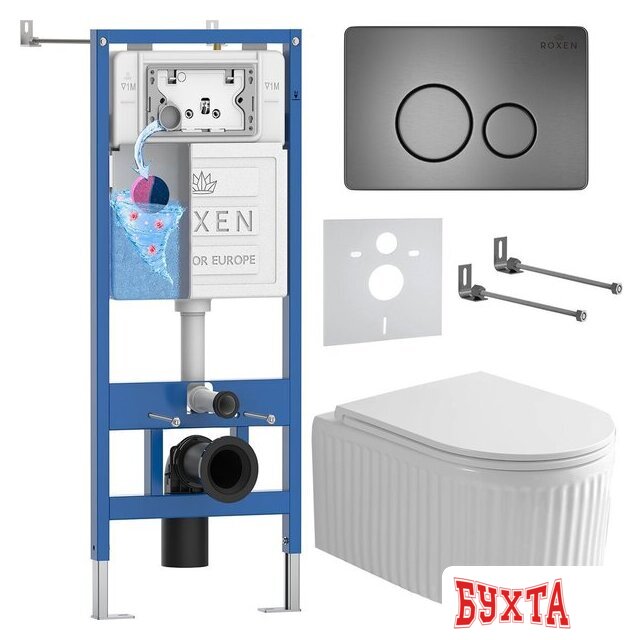 Унитаз подвесной Roxen Antares Tornado Long в комплекте с инсталляцией StounFix Dual Fresh 6 в 1 868439 (кнопка: брашированное золото матовая) 1