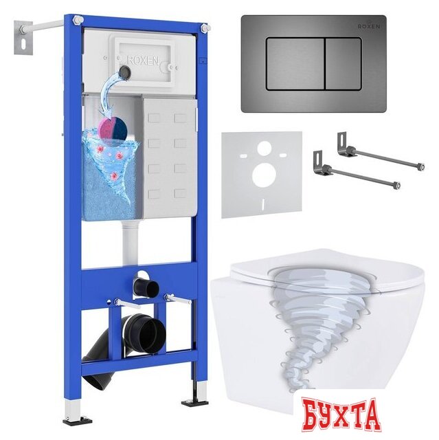 Унитаз подвесной Roxen Antares Tornado Long в комплекте с инсталляцией StounFix Dual Fresh 6 в 1 868441 (кнопка: оружейная сталь матовая)