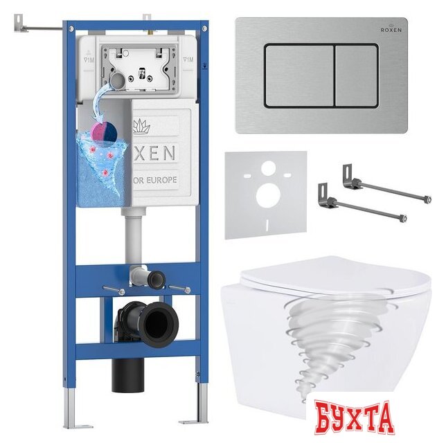 Унитаз подвесной Roxen Antares Tornado Long в комплекте с инсталляцией StounFix Dual Fresh 6 в 1 868442 (кнопка: сатин матовая) 1
