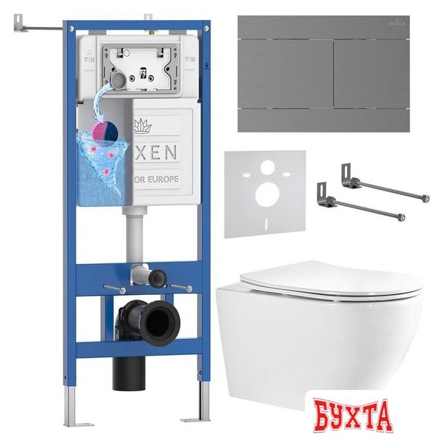 Унитаз подвесной Roxen Antares Tornado Long в комплекте с инсталляцией StounFix Dual Fresh 6 в 1 868461 (кнопка: оружейная сталь матовая) 1