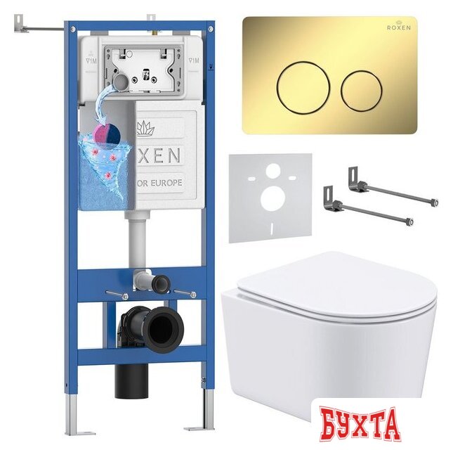 Унитаз подвесной Roxen Simple Compact в комплекте с инсталляцией StounFix Dual Fresh 6 в 1 868468 (кнопка: золото глянцевая) 1