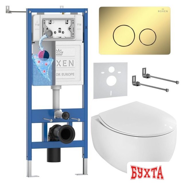 Унитаз подвесной Roxen EGG в комплекте с инсталляцией StounFix Dual Fresh 6 в 1 868477 (кнопка: золото глянцевая) 1