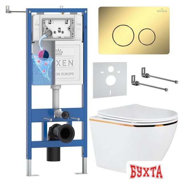 Унитаз подвесной Roxen Antares Gold в комплекте с инсталляцией StounFix Dual Fresh 6 в 1 868483 (кнопка: золото глянцевая) 1