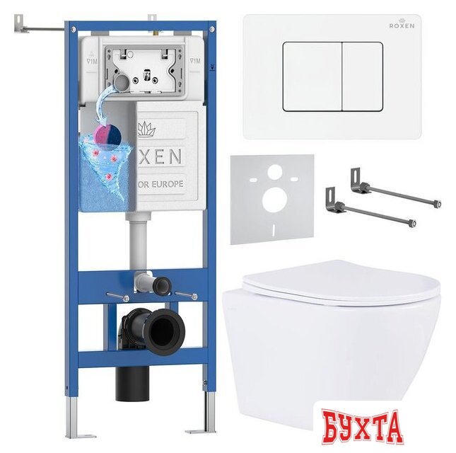 Унитаз подвесной Roxen Antares в комплекте с инсталляцией StounFix Dual Fresh 6 в 1 868543 (кнопка: белый глянцевая)
