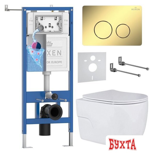 Унитаз подвесной Roxen Porto в комплекте с инсталляцией StounFix Dual Fresh 6 в 1 868573 (кнопка: сатин матовая)