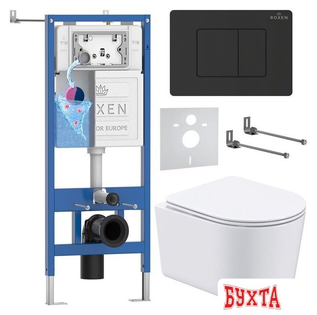 Унитаз подвесной Roxen Simple Compact в комплекте с инсталляцией StounFix Dual Fresh 6 в 1 868597 (кнопка: оружейная сталь матовая)