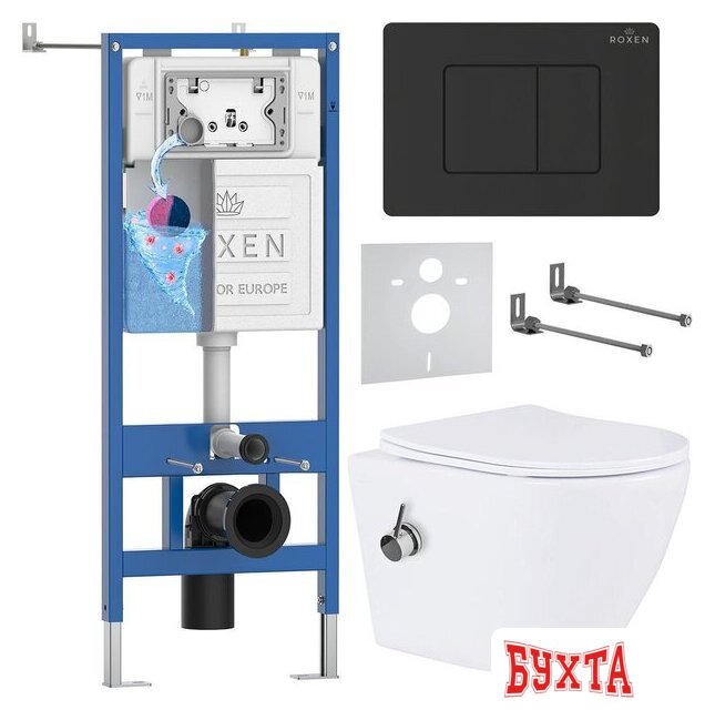 Унитаз подвесной Roxen Antares Bidet в комплекте с инсталляцией StounFix Dual Fresh 6 в 1 868619 (кнопка: оружейная сталь матовая) 1
