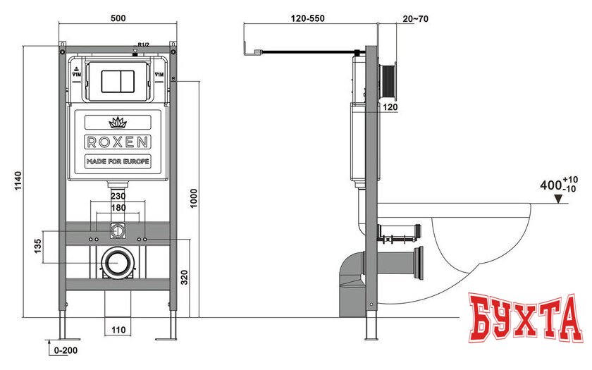 Унитаз подвесной Roxen Vortex Tornado в комплекте с инсталляцией StounFix Dual Fresh 6 в 1 868634 (кнопка: брашированное золото матовая) 5