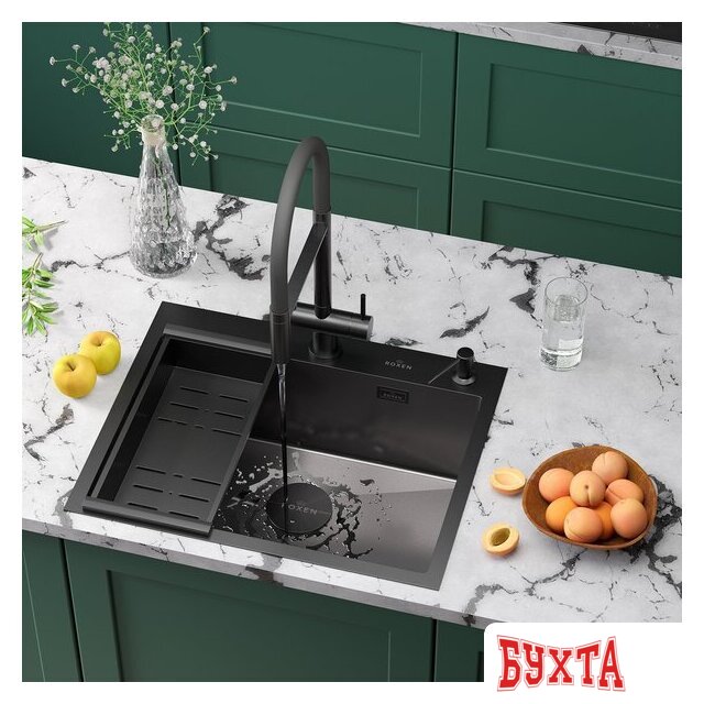 Кухонная мойка Roxen Simple 560220-60B-V графит/текстурная PVD покрытие (с коландером и дозатором) 2