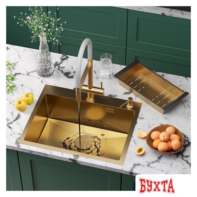 Кухонная мойка Roxen Simple 560220-60G-V золото/текстурная PVD покрытие (с коландером и дозатором) 1