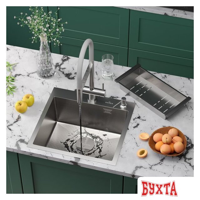 Кухонная мойка Roxen Simple 560220-50-GR сатин/текстурная (с коландером и дозатором) 2