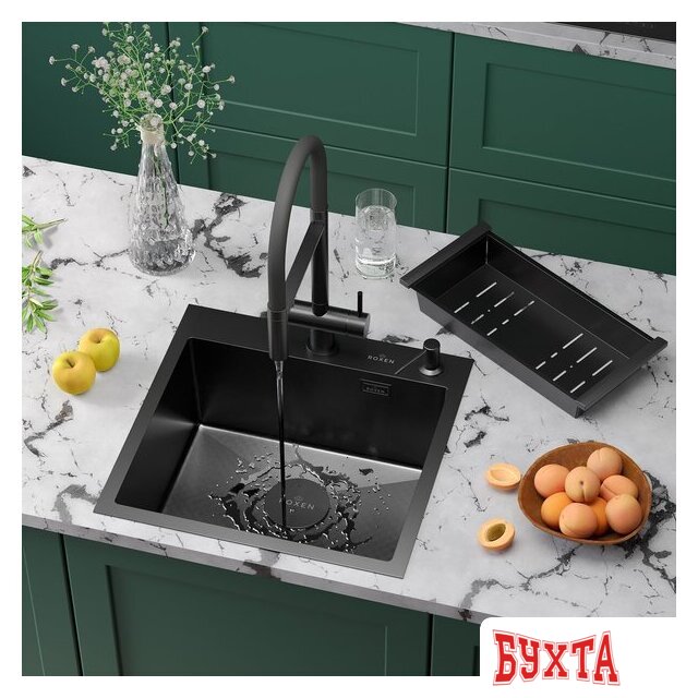 Кухонная мойка Roxen Simple 560220-50B-GR графит/текстурная PVD покрытие (с коландером и дозатором) 2