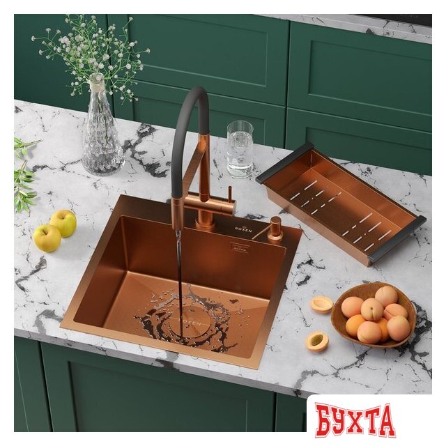Кухонная мойка Roxen Simple 560220-50BR-GR бронза/текстурная PVD покрытие (с коландером и дозатором) 3
