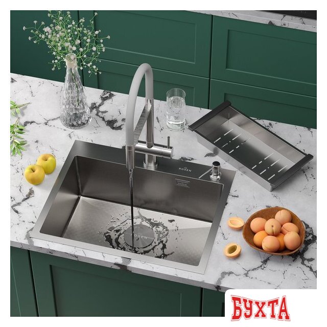 Кухонная мойка Roxen Simple 560220-60-GR сатин/текстурная (с коландером и дозатором) 2