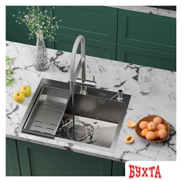 Кухонная мойка Roxen Simple 560220-60-GR сатин/текстурная (с коландером и дозатором) 3