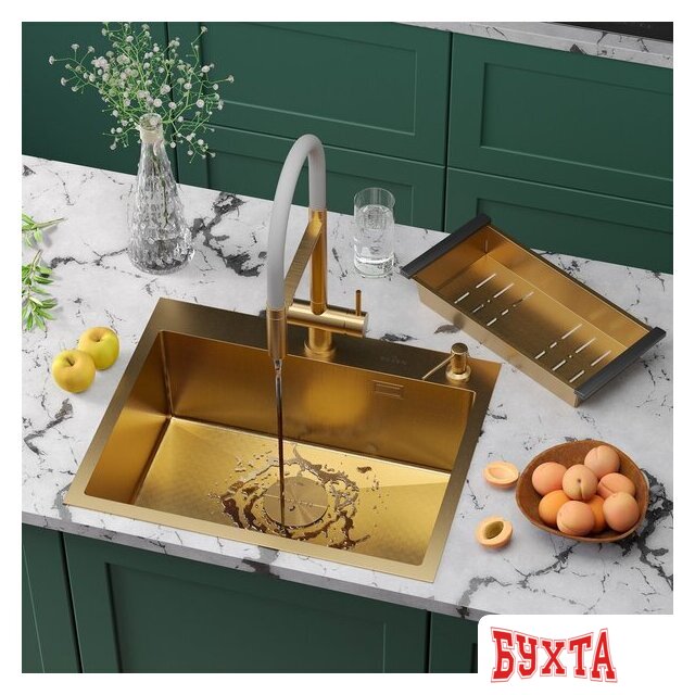 Кухонная мойка Roxen Simple 560220-60G-GR золото/текстурная PVD покрытие (с коландером и дозатором) 2