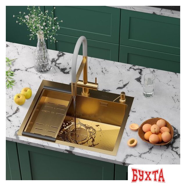 Кухонная мойка Roxen Simple 560220-60G-GR золото/текстурная PVD покрытие (с коландером и дозатором) 3