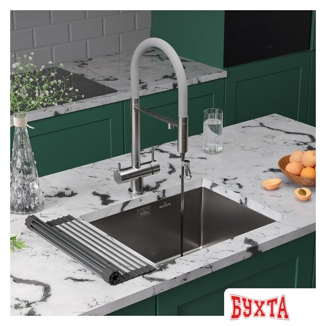 Кухонная мойка Roxen Uno 560210-54-V сатин/текстурная (с ролл-матом и дозатором) 2