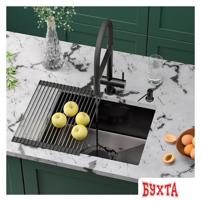 Кухонная мойка Roxen Uno 560210-54B-V графит/текстурная PVD покрытие (с ролл-матом и дозатором) 1