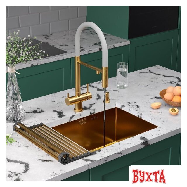 Кухонная мойка Roxen Uno 560210-54G-V золото/текстурная PVD покрытие (с ролл-матом и дозатором) 2