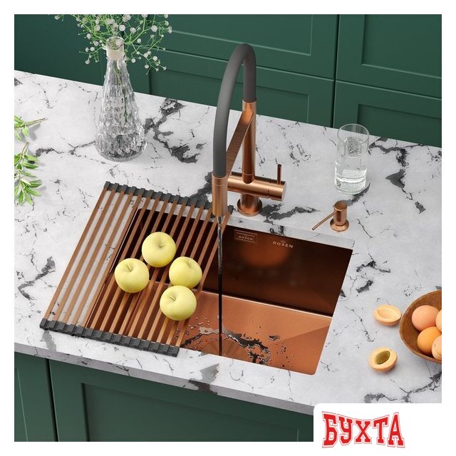 Кухонная мойка Roxen Uno 560210-54BR-V бронза/текстурная PVD покрытие (с ролл-матом и дозатором)