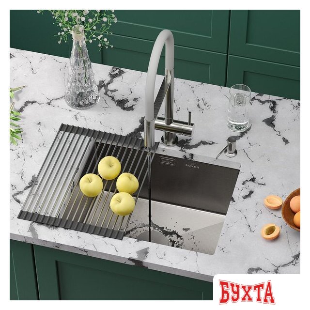 Кухонная мойка Roxen Uno 560210-54-GR сатин/текстурная (с ролл-матом и дозатором) 2