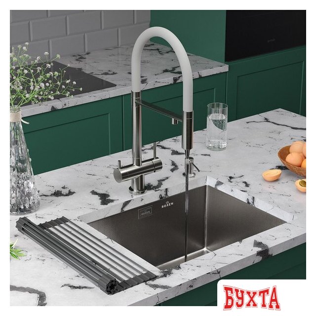 Кухонная мойка Roxen Uno 560210-54-GR сатин/текстурная (с ролл-матом и дозатором) 3