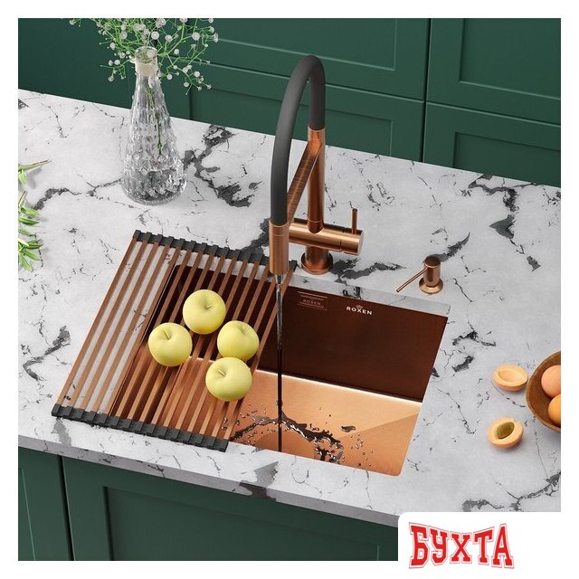 Кухонная мойка Roxen Uno 560210-54BR-GR бронза/текстурная PVD покрытие (с ролл-матом и дозатором) 2