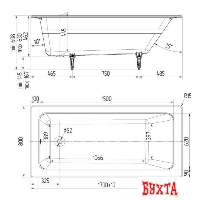 Ванна Универсал Оптима Ультра 170x80 2