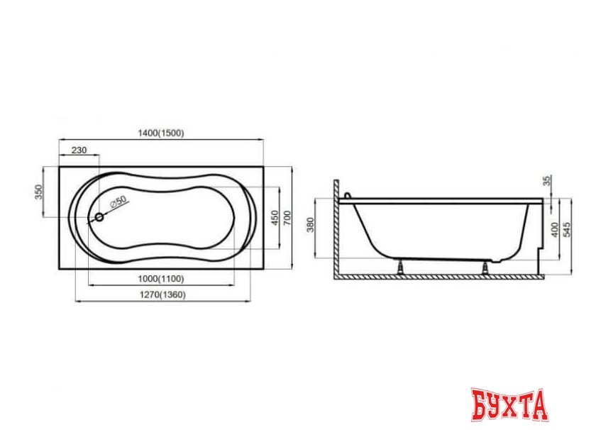 Ванна Polimat GRACJA 170x75 с ножками 5
