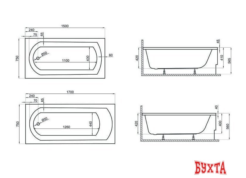Ванна Polimat CLASSIC 150x70 с ножками 2