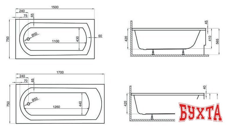 Ванна Polimat Classic 170x75 (c ножками) 3