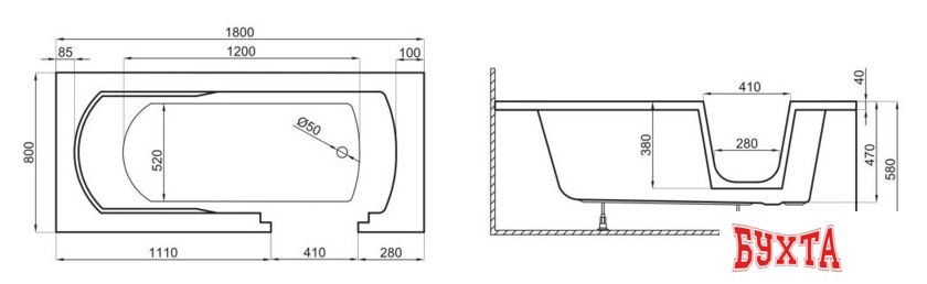 Ванна Polimat Avo 180x80 00014 (белый) 5
