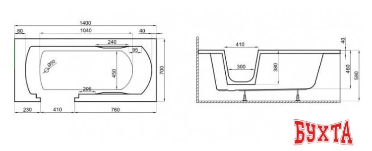 Ванна Polimat Vovo 140x70 00276 (белый) 3