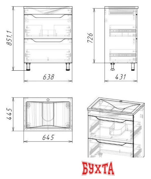 Мебель для ванных комнат Axus Тумба под умывальник Фламини 65 (2 ящика, цемент) 4