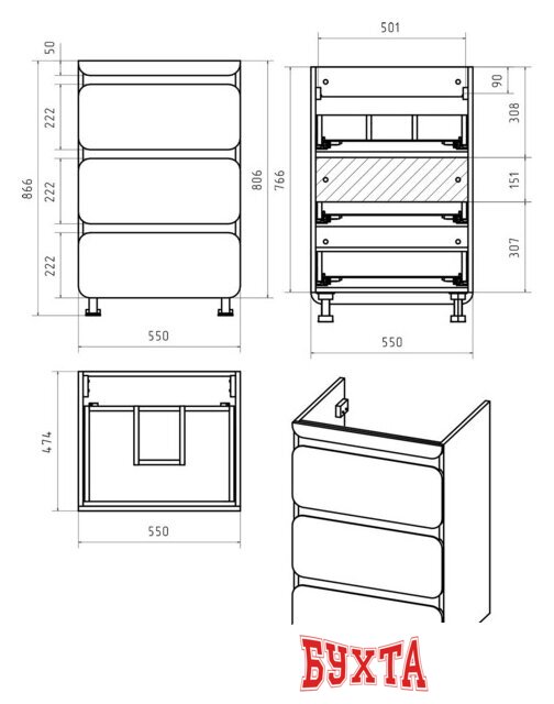 Мебель для ванных комнат Misty Чегет - 55 Тумба напольная 3 ящ. под стиральную машину, белая - П-Чег-01055-01Н3Я 3