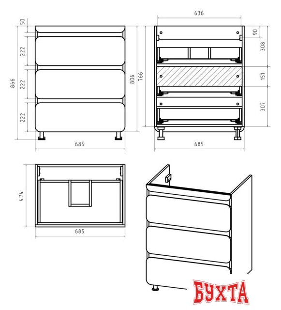 Мебель для ванных комнат Misty Чегет - 70 Тумба напольная 3 ящ. под стиральную машину, белая - П-Чег-01070-01Н3Я 3