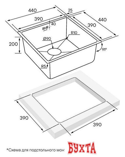 Кухонная мойка Paulmark Gerberg 44 UNI PM254444-GM (черный/вороненая сталь) 4